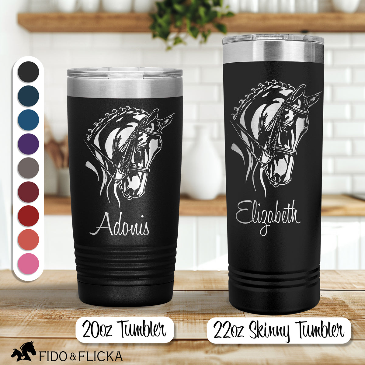 Dressage horse art personalized engraved tumbler in black