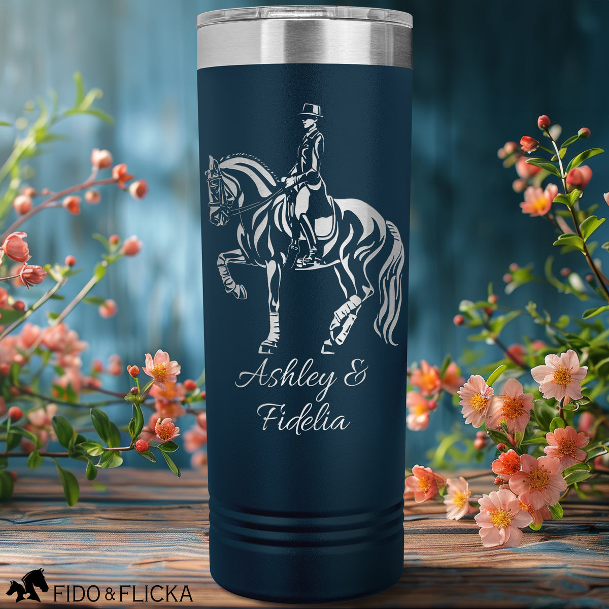 Dressage horse and rider custom engraved drink tumbler in navy