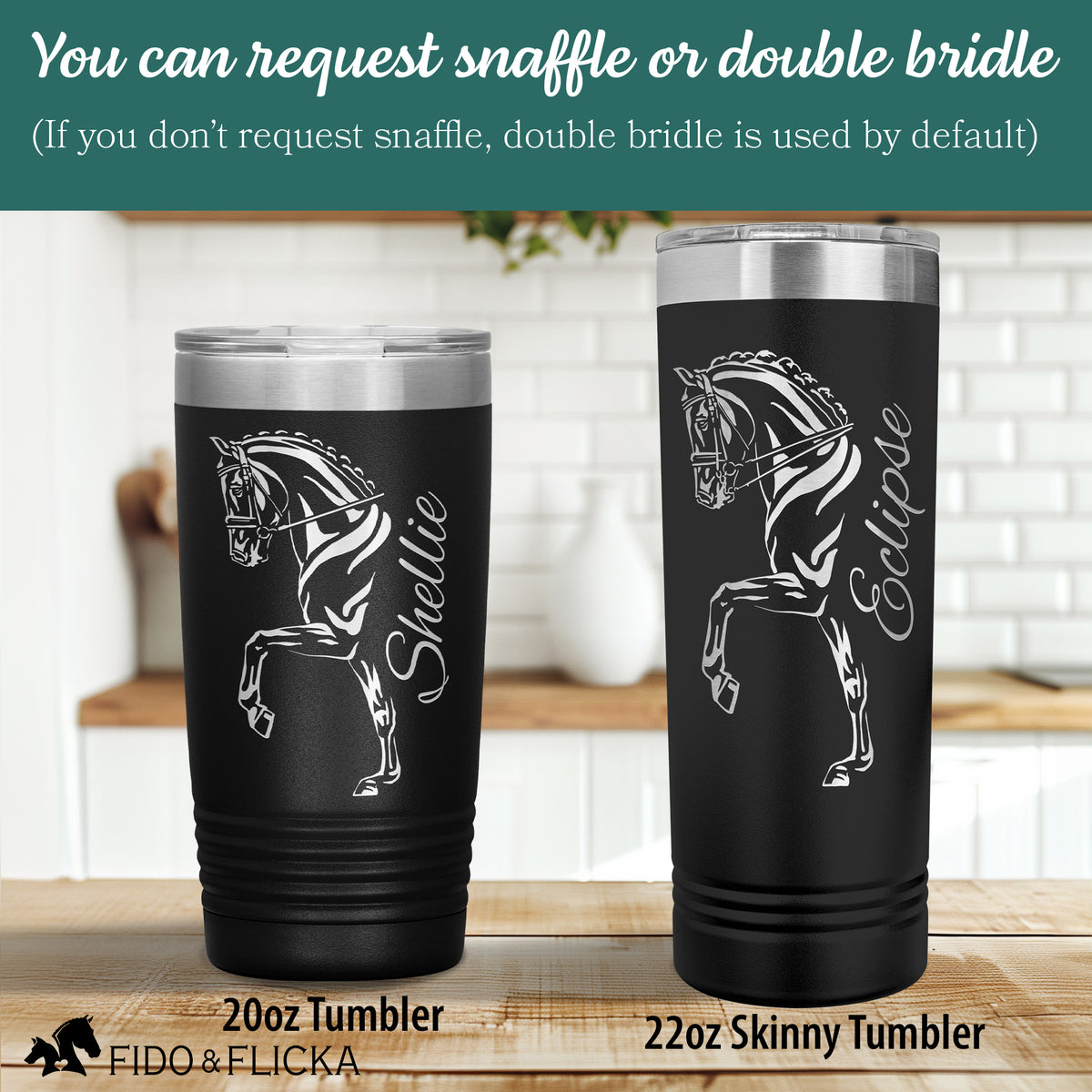 choose double bridle or snaffle bridle 2 sizes shown of the dressage horse tumblers in black with horse name and riders name engraved on them