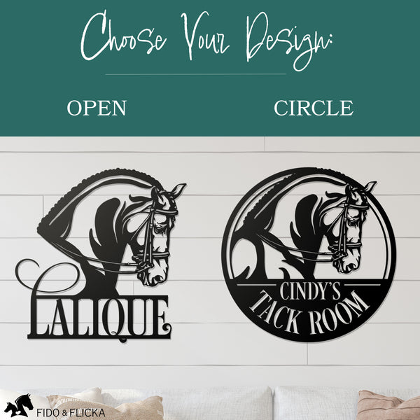 choose design style of dressage horse metal sign in open or circular design with custom text