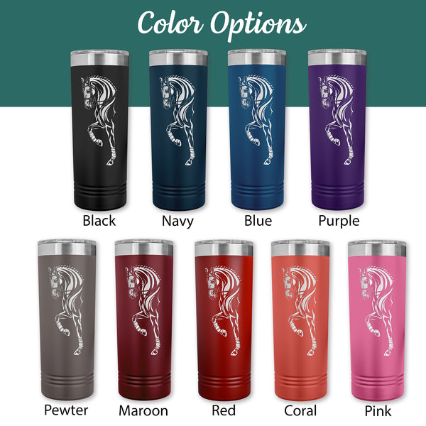 personalized dressage horse tumblers in 9 colors