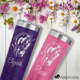 personalized dressage horse tumblers in purple and pink