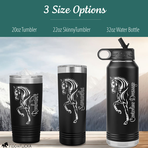 personalized dressage horse engraved tumblers in 3 sizes of 20 ounce 22 ounce and 32 ounce water bottle