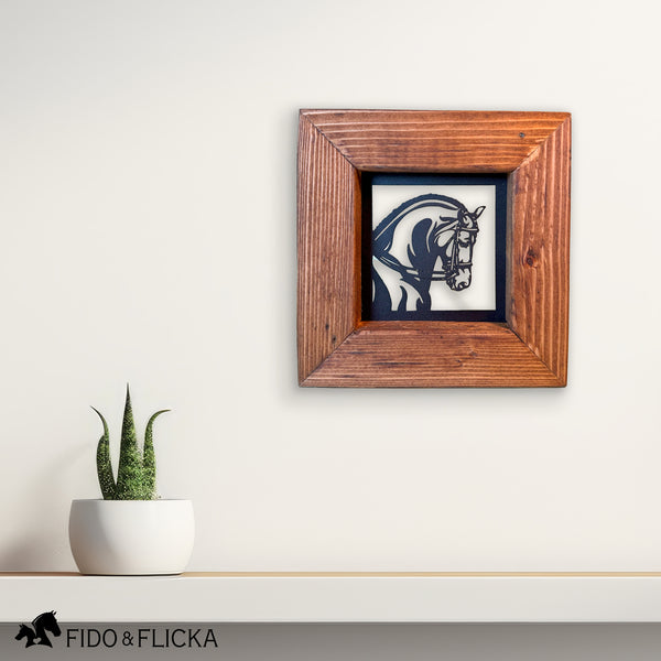 small rustic dressage horse metal wall art hanging on wall