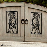 black dressage horse metal art on entry gate