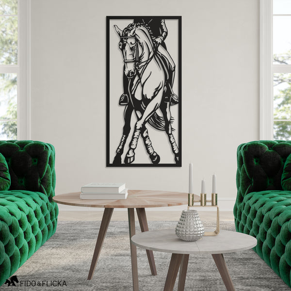 dressage horse metal wall art in contemporary living room