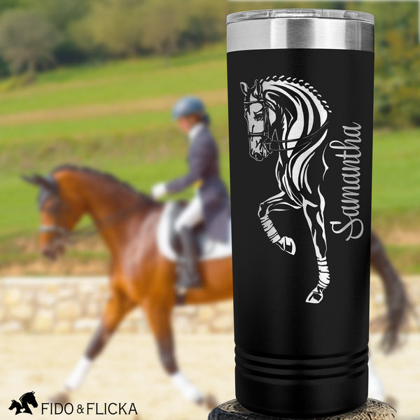 Dressage horse stainless steel engraved tumbler in black with riders name, dressage horse and rider in background