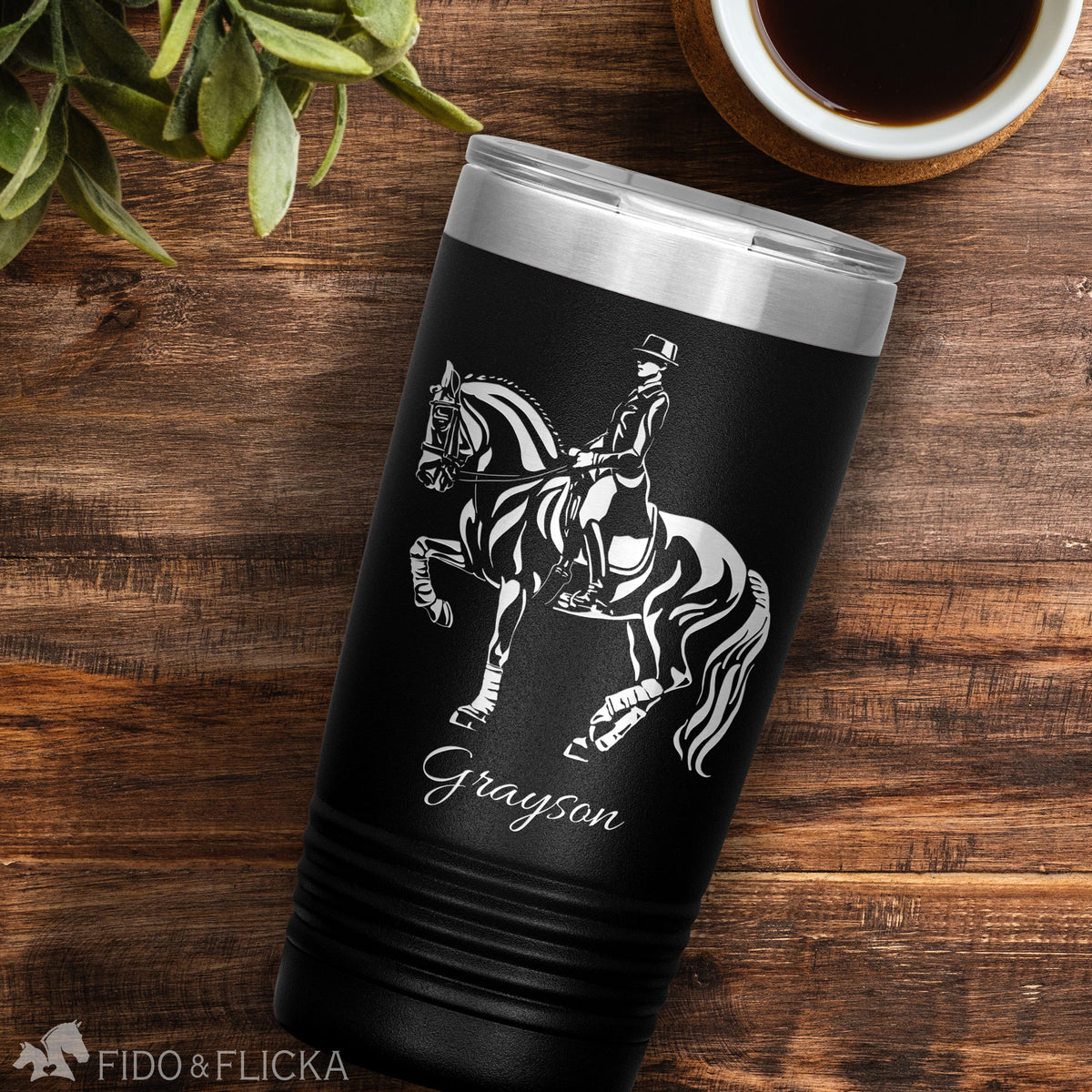 dressage piaffe black tumbler personalized with engraved name