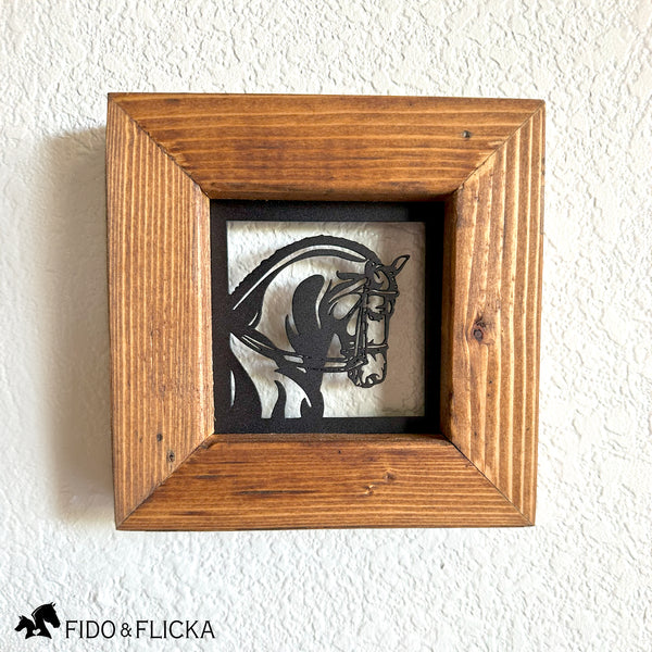 wood and metal dressage horse portrait wall art on wall with dynamic shadows