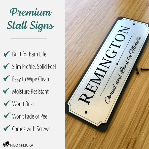 Premium personalized horse stall sign highlighting durable commercial-grade acrylic blend, slim profile, moisture resistance, easy cleaning, and permanent engraved lettering.