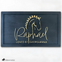 Elegant black wood horse stall nameplate featuring a gold silhouette of a braided show horse and the name “Raphael,” with the inscription “Loved by Georgianna.” Custom equestrian sign by Fido & Flicka, modern and personalized design.