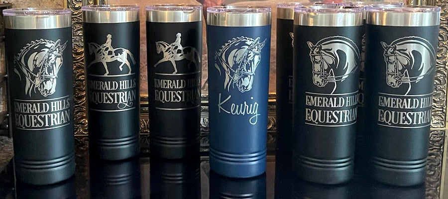 collection of personalized dressage horse tumblers