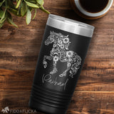 black stainless steel tumblers with intricate horse floral pattern personalized with name