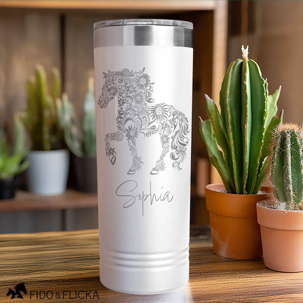 intricate floral horse pattern personalized engraved stainless steel tumbler