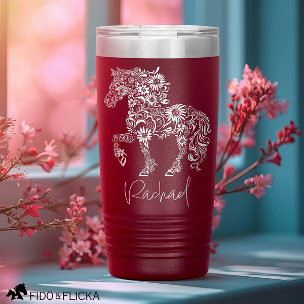 floral horse personalized engraved tumbler in red