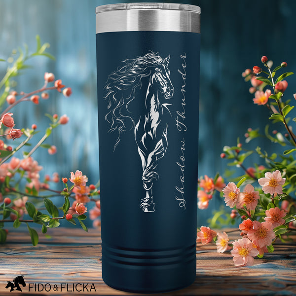 beautiful horse illustration engraved on custom tumbler with horses name in blue