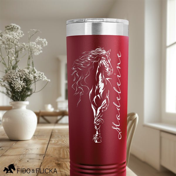 custom red horse lovers tumbler with name engraved on dinning room table