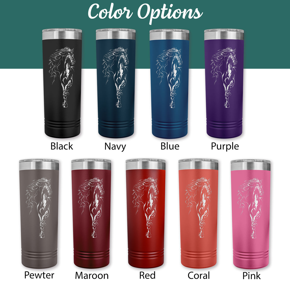 horse lovers Friesian horse personalized steel tumbler in 9 colors