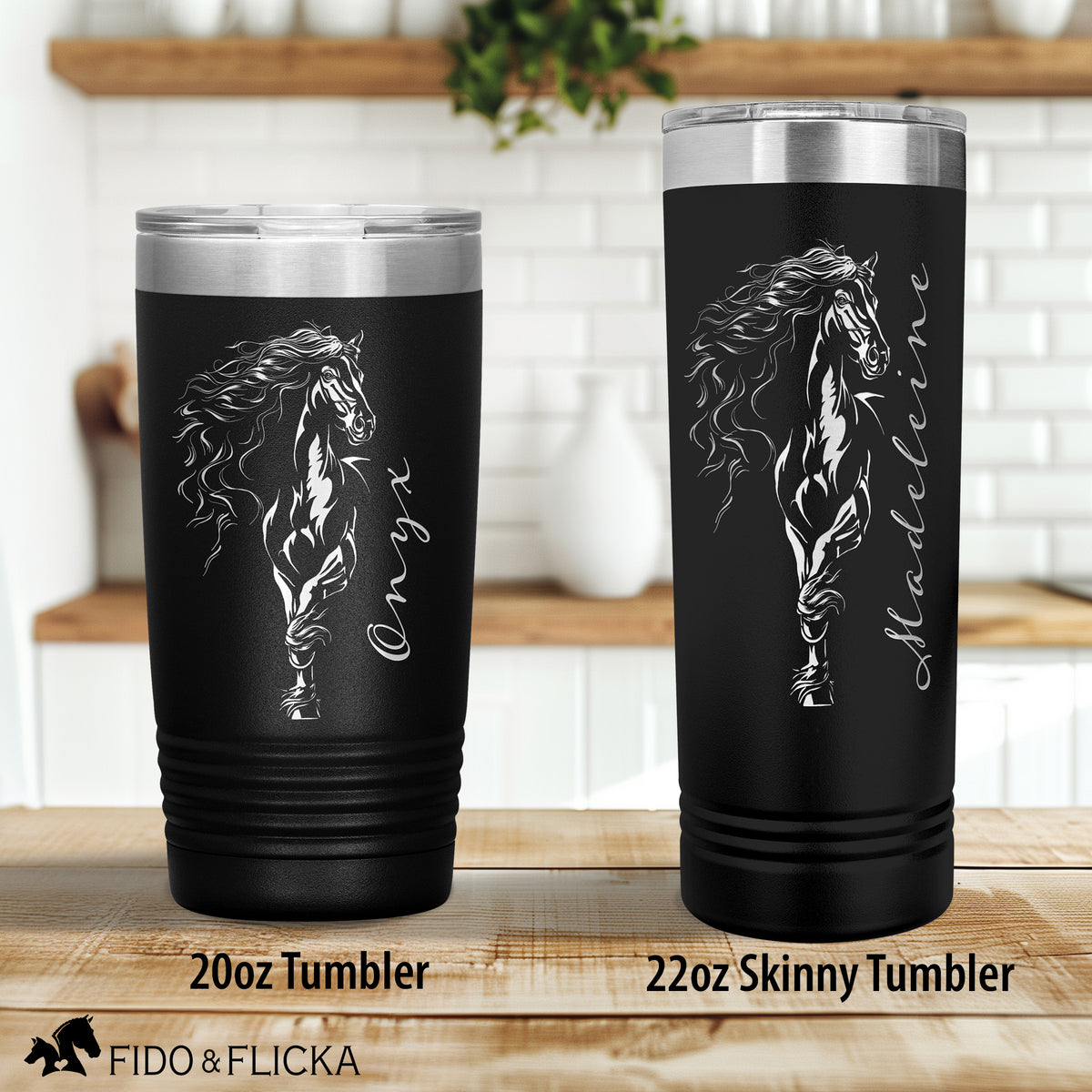 2 sizes shown of the Friesian horse tumblers in black with horse name and riders name engraved on them