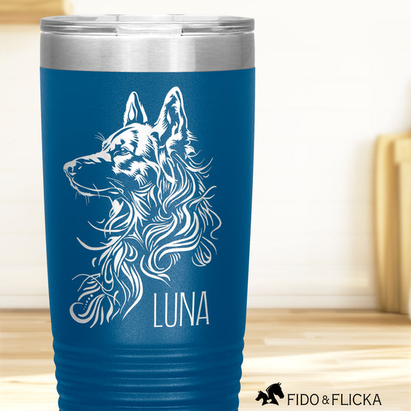 personalized engraved German shepherd stainless steel tumbler for hot and cold drinks in blue