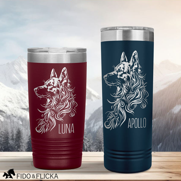 German Shepherd art engraved drink tumblers with dogs names