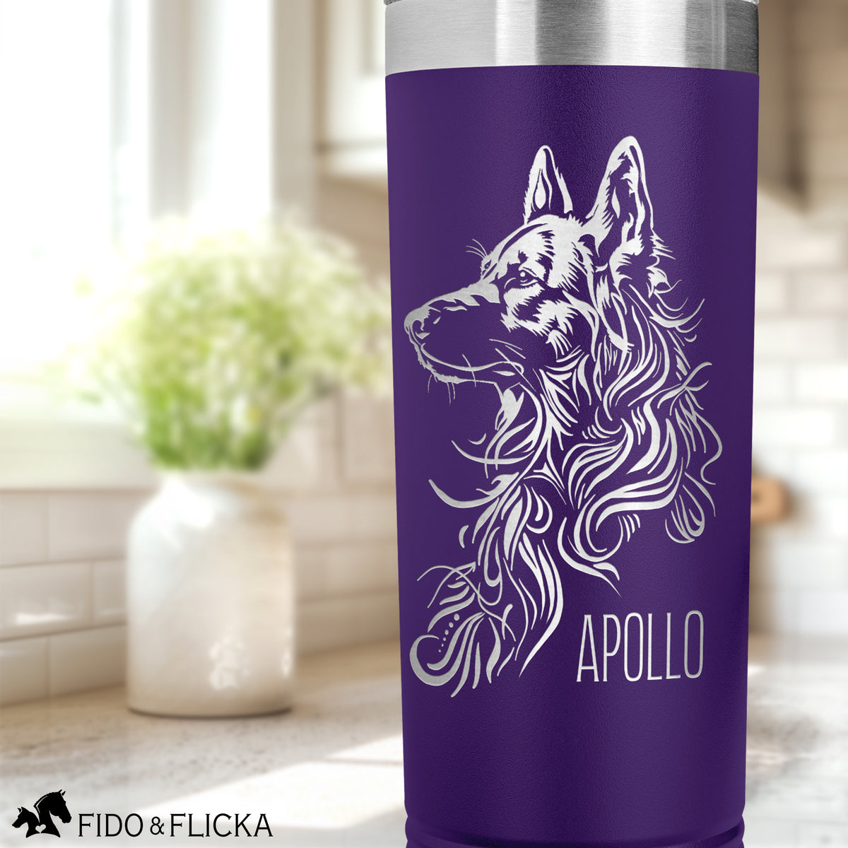 German Shepherd personalized engraved tumbler with dogs name in purple