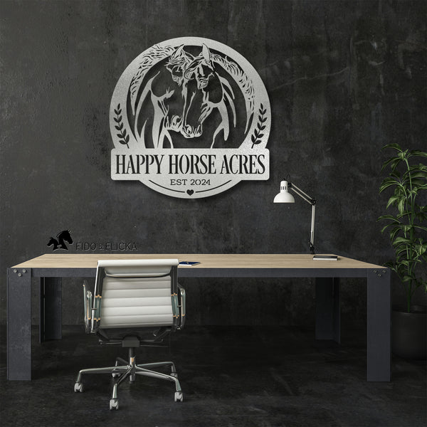 silver horse and ranch sign on dark wall