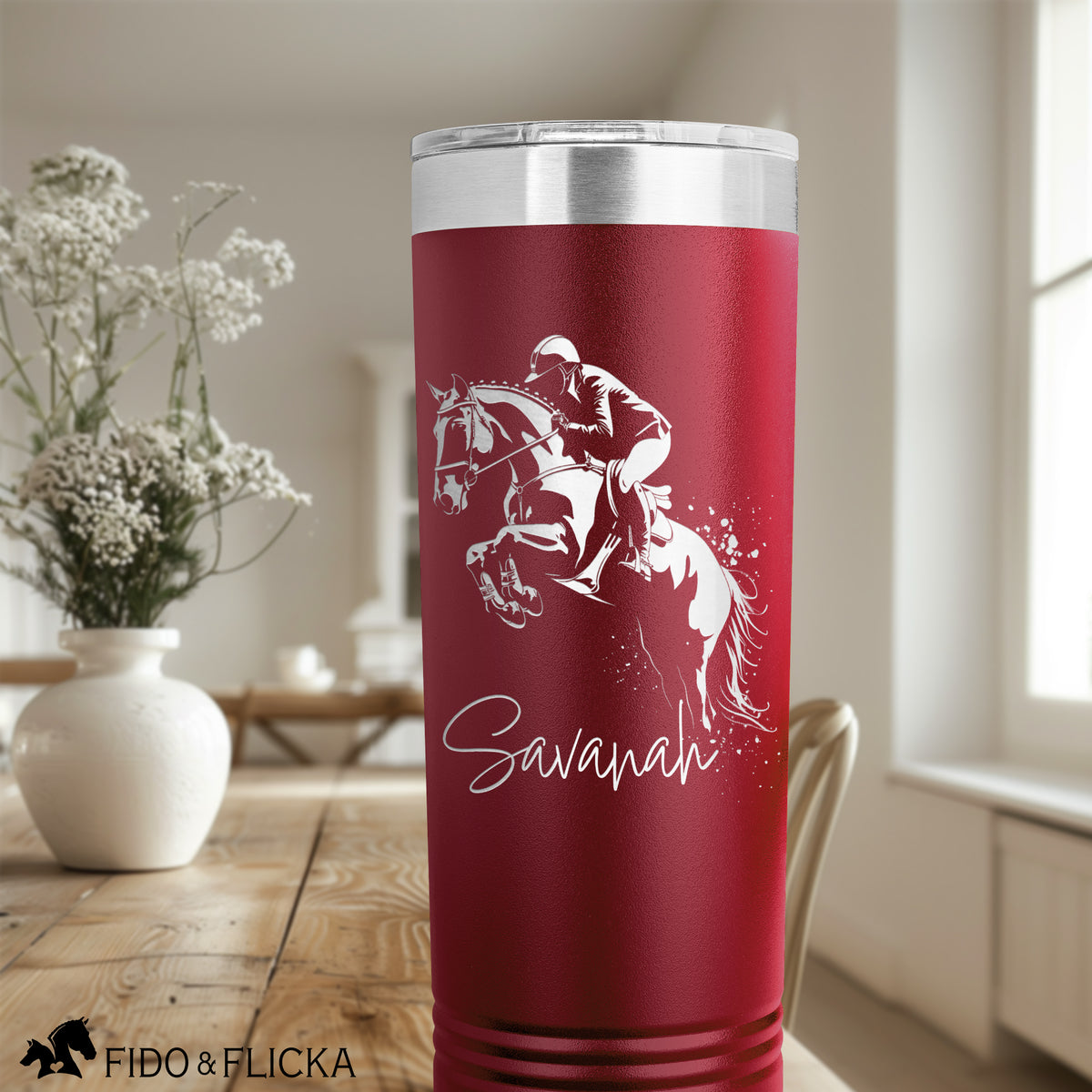 show jumper personalized tumbler with riders name in red