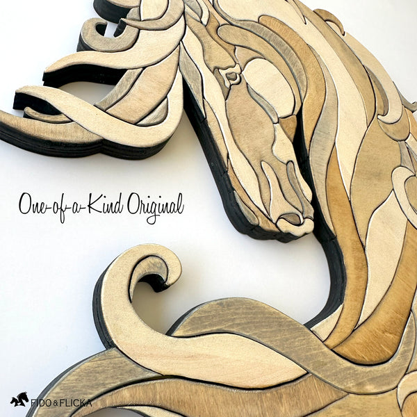 Close-up of Noble Drift layered wood horse wall art by Fido & Flicka, showing detailed flowing lines, grain texture, and dimensional layering.