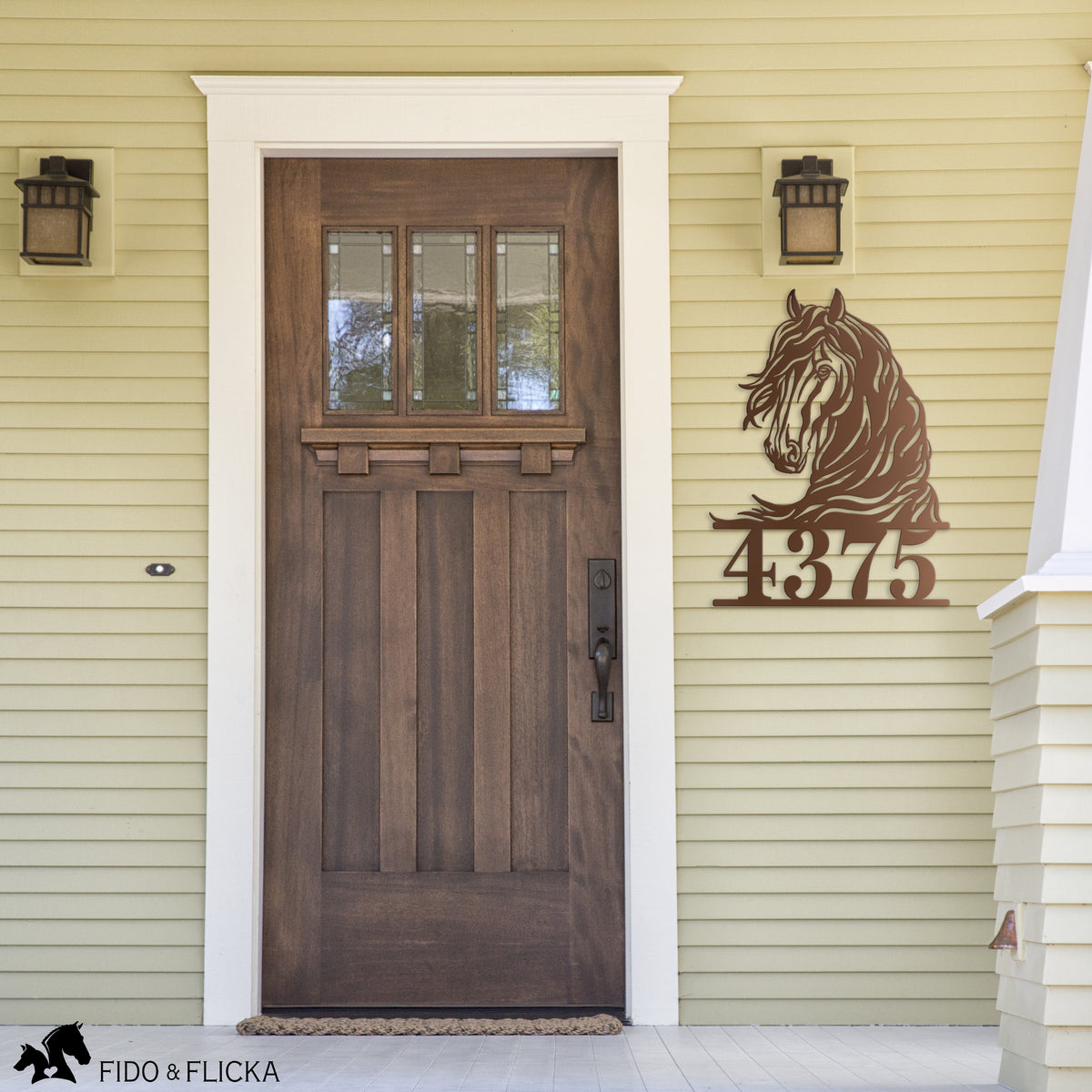 copper horse address sign on front of home