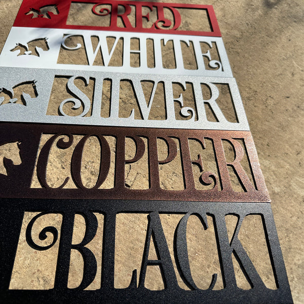 horse metal sign colors in black, red, copper, silver and white