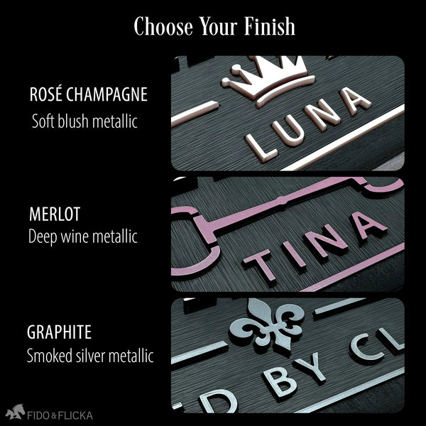 Three metallic finish options for personalized horse stall name plates: Rosé Champagne soft blush, Merlot deep wine, and Graphite smoked silver.