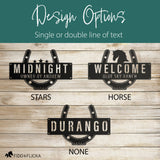 custom horse metal name plate design options with stars, horse head, or none