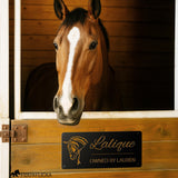 metal horse stall name plate in barn