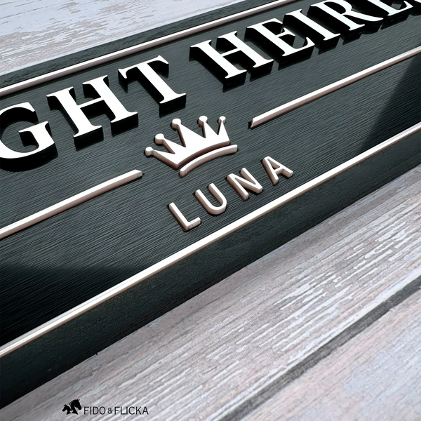 Close-up of a personalized horse stall sign showing raised metallic letters, Rosé Champagne crown emblem, inset border, and dimensional details.