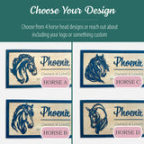 Custom horse stall sign design options. Choose from 4 horse head styles labeled Horse A, Horse B, Horse C, and Horse D. Personalized wooden barn name plate with engraved horse name and owner text.