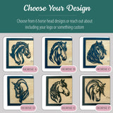 Custom horse stall sign design options. Choose from 6 horse head styles labeled Horse A, Horse B, Horse C, Horse D, Horse E, and Horse F. Personalized wooden barn name plate with engraved horse name and owner text.