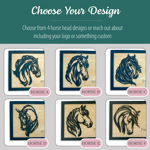 Custom horse stall sign design options. Choose from 4 horse head styles labeled Horse A, Horse B, Horse C, Horse D, Horse E, and Horse F. Personalized wooden barn name plate with engraved horse name and owner text.