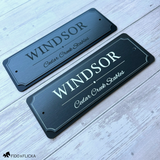 Personalized horse stall signs in brushed charcoal finish shown with black engraving and white engraving, comparing both engraving styles on a premium acrylic plaque.