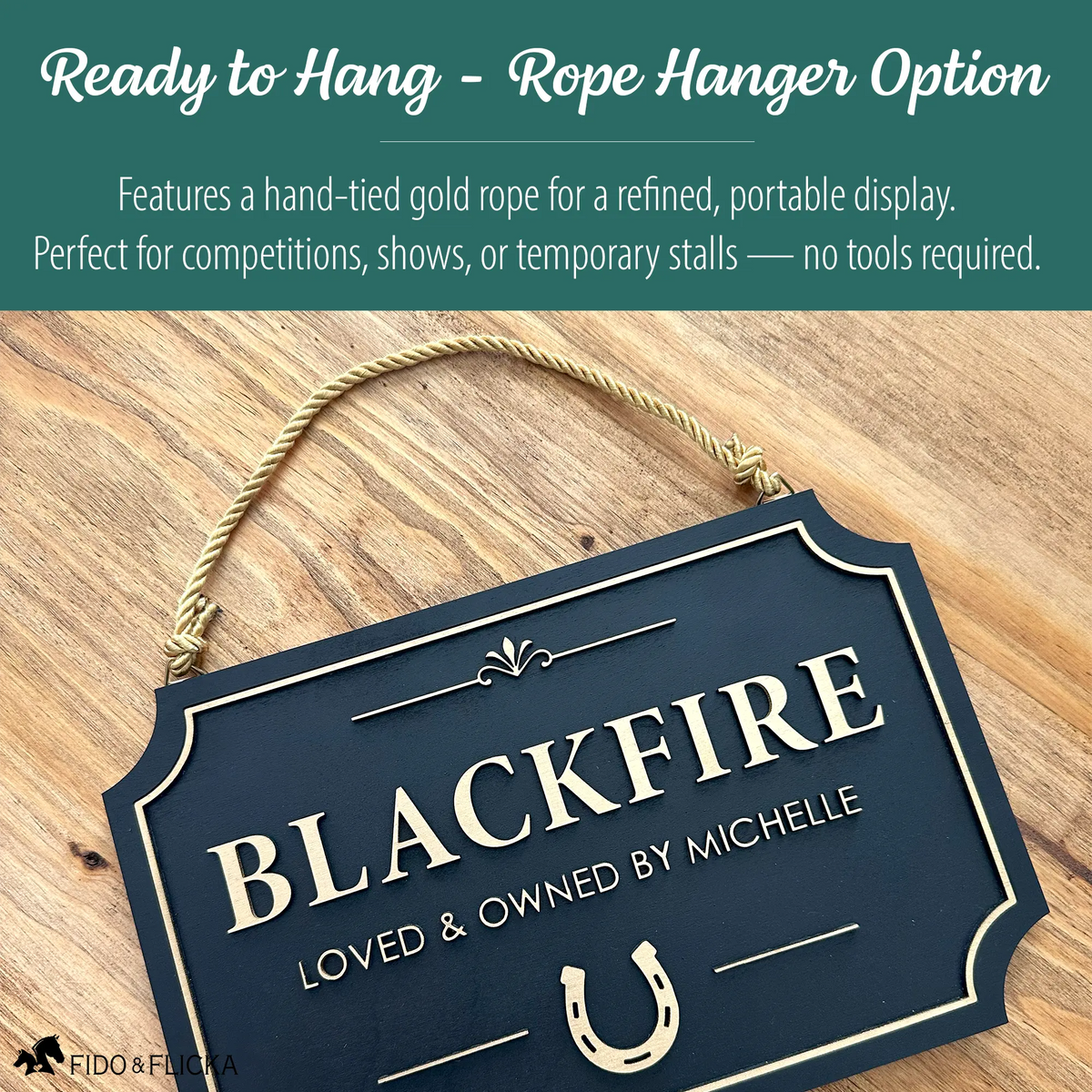 Ready to hang wood stall sign with Gold Rope Hanger:
Features a hand-tied gold rope for a refined, portable display.
Perfect for competitions, shows, or temporary stalls — no tools required.