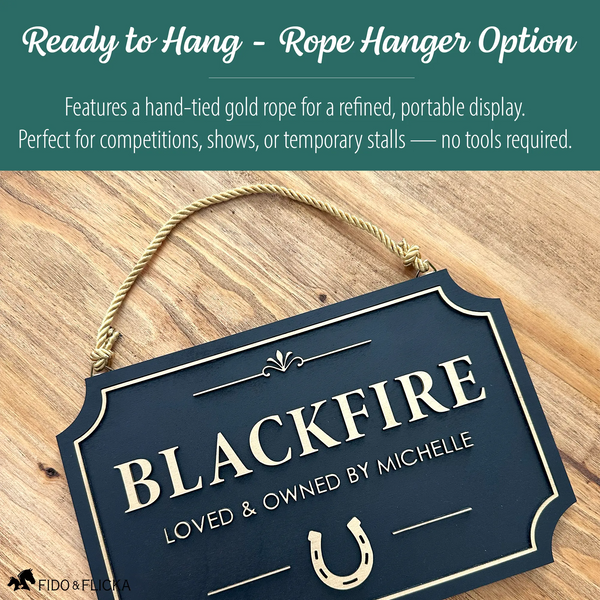 Ready to hang wood stall sign with Gold Rope Hanger:
Features a hand-tied gold rope for a refined, portable display.
Perfect for competitions, shows, or temporary stalls — no tools required.
