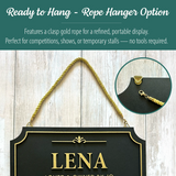 Ready to hang wood stall sign with Gold Rope Hanger:
Features a clasp gold rope for a refined, portable display.
Perfect for competitions, shows, or temporary stalls — no tools required.
