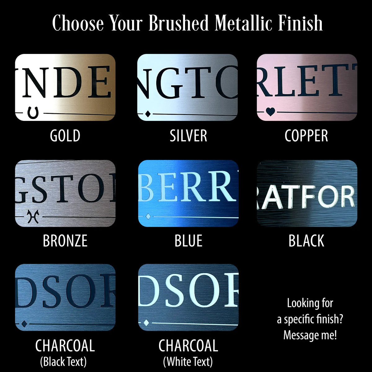 Available brushed metallic finishes for personalized horse stall signs including gold, silver, copper, bronze, blue, black, and charcoal engraving options.