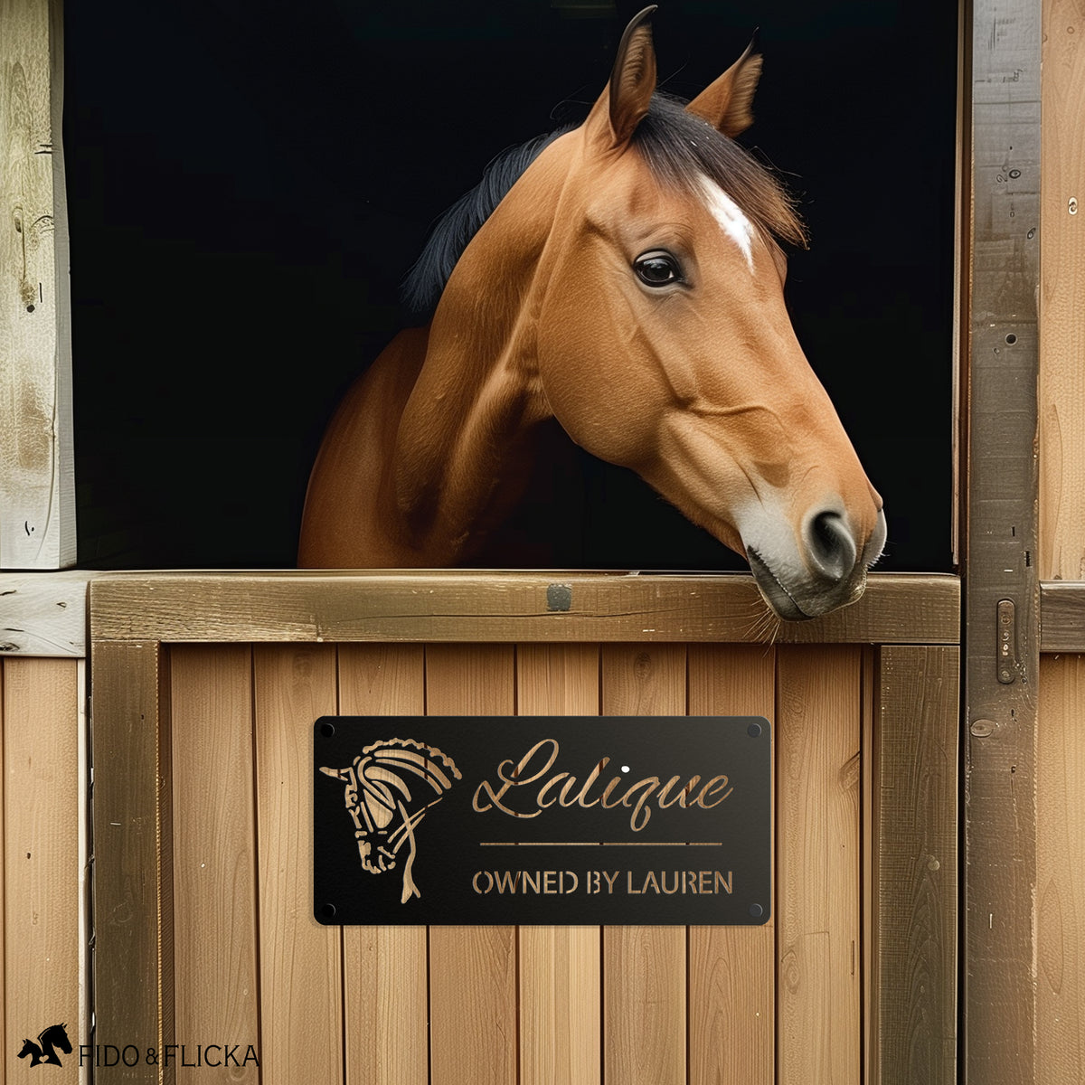 metal horse stall name plate in barn