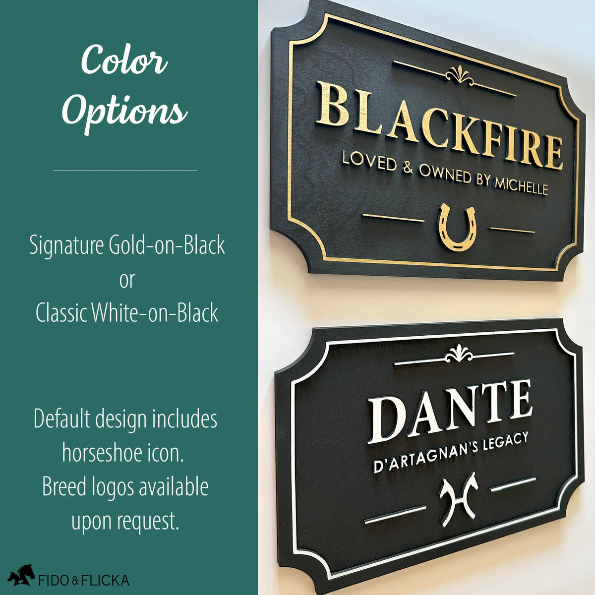 Custom horse stall signs in layered Baltic birch wood shown in two finishes: signature gold on black and classic white on black personalized name plaques