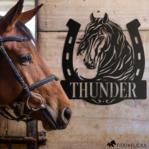 horseshoe horse stall name plate with personalized name on stall wall