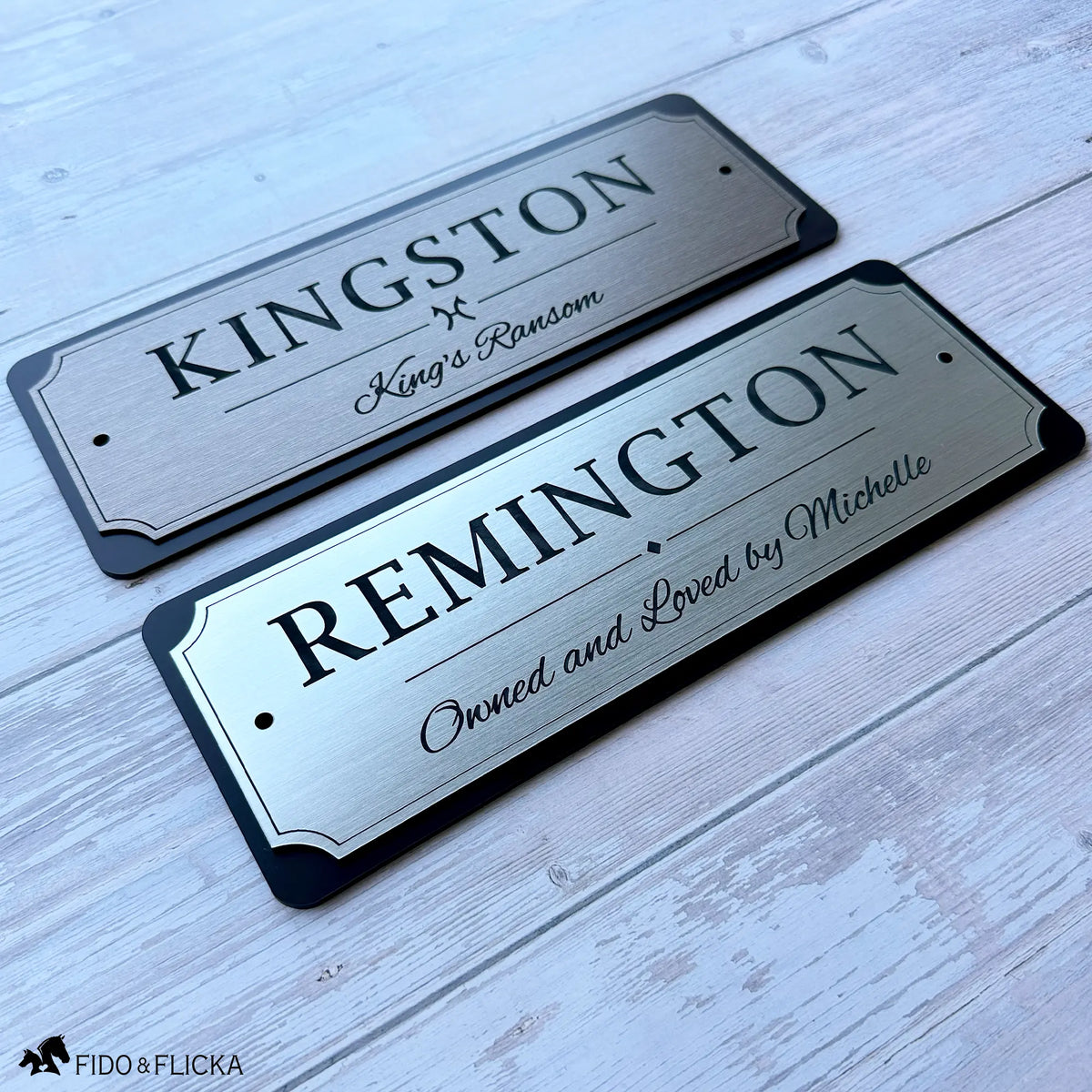 Personalized horse stall signs in brushed silver finish & brushed bronze finish showing two layout options, including horse name with registered name and horse name with owner personalization.