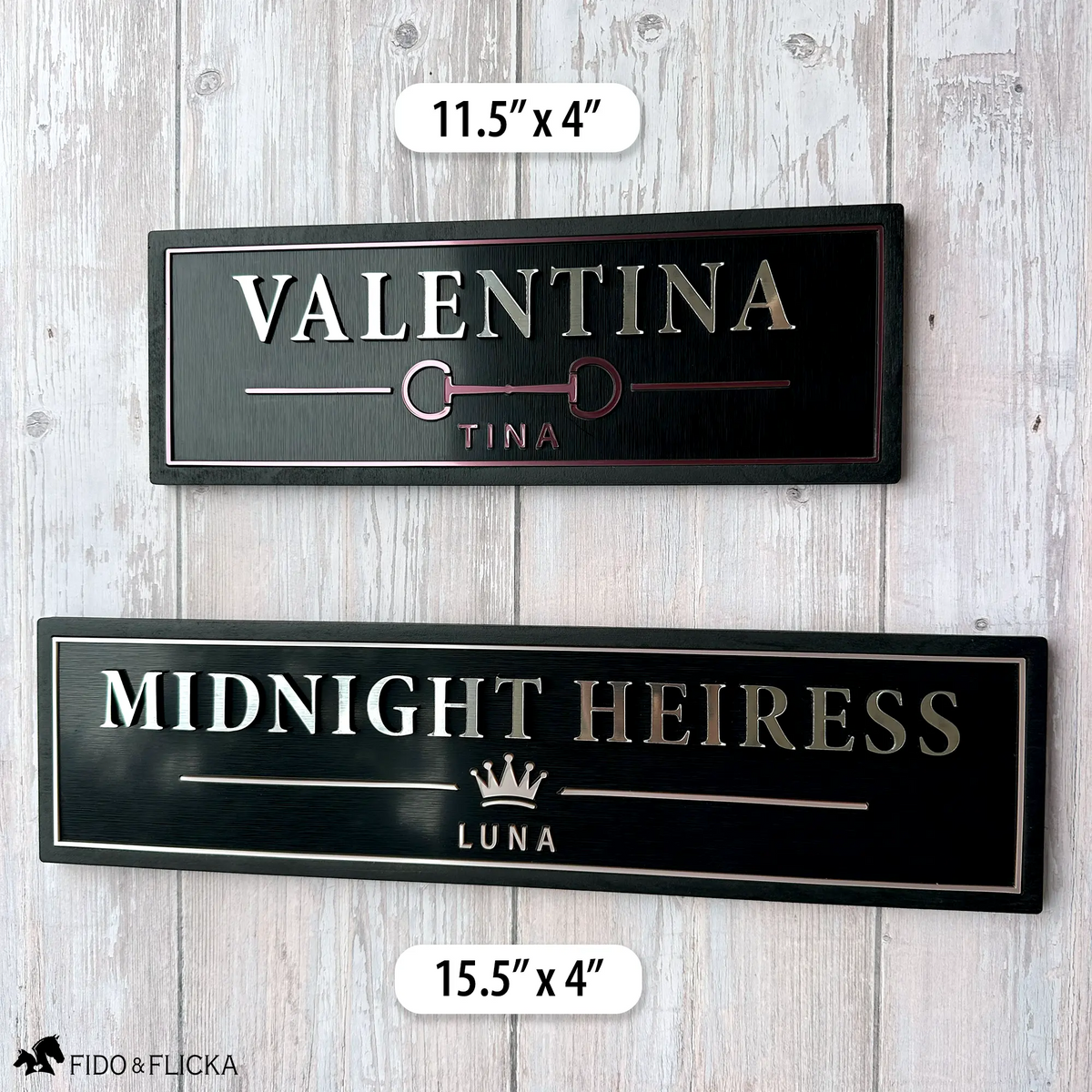 Size comparison of personalized horse stall name plates in 11.5 by 4 inches and 15.5 by 4 inches.