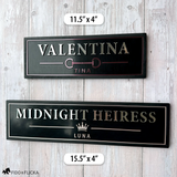 Size comparison of personalized horse stall name plates in 11.5 by 4 inches and 15.5 by 4 inches.