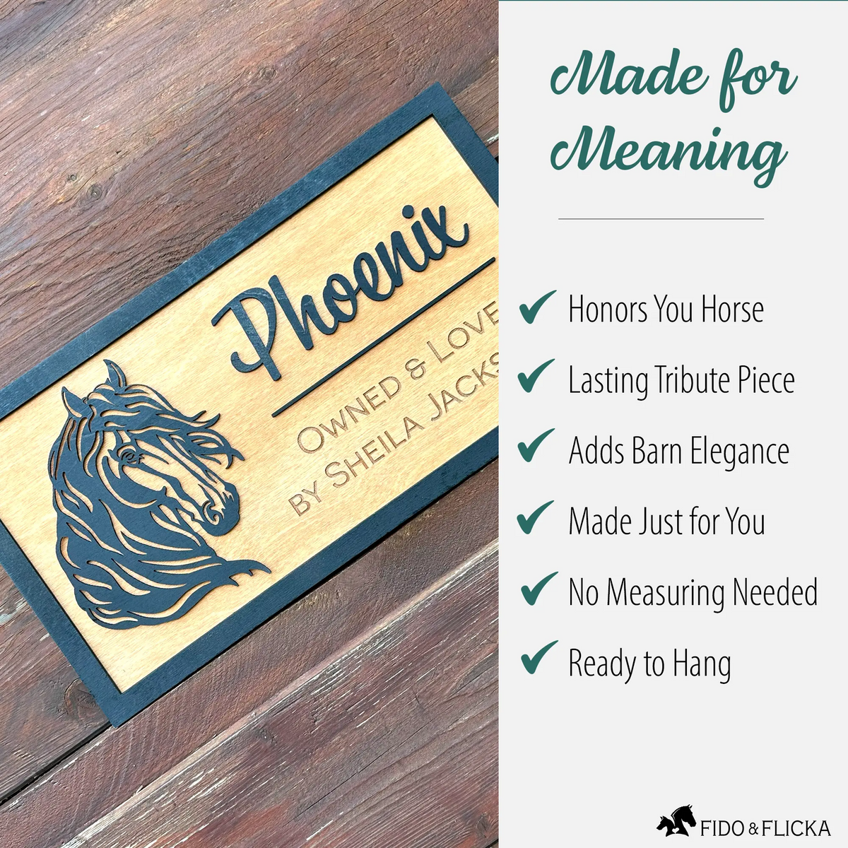 Custom wooden horse stall sign with engraved horse an owner name. Displayed on rustic wood background with text overlay reading “Made for Meaning” and benefits: Honors Your Horse, Lasting Tribute, Adds Barn Elegance, Made Just for You, No Measuring Needed, Ready to Hang